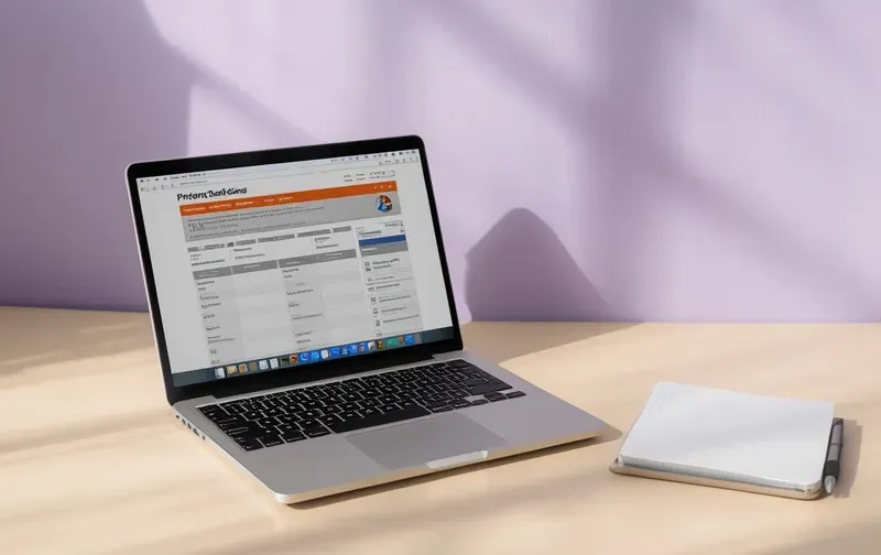 laptop open on desk with notebook, offer planning worksheet, pastel lavender and beige tones, calm workspace, no people