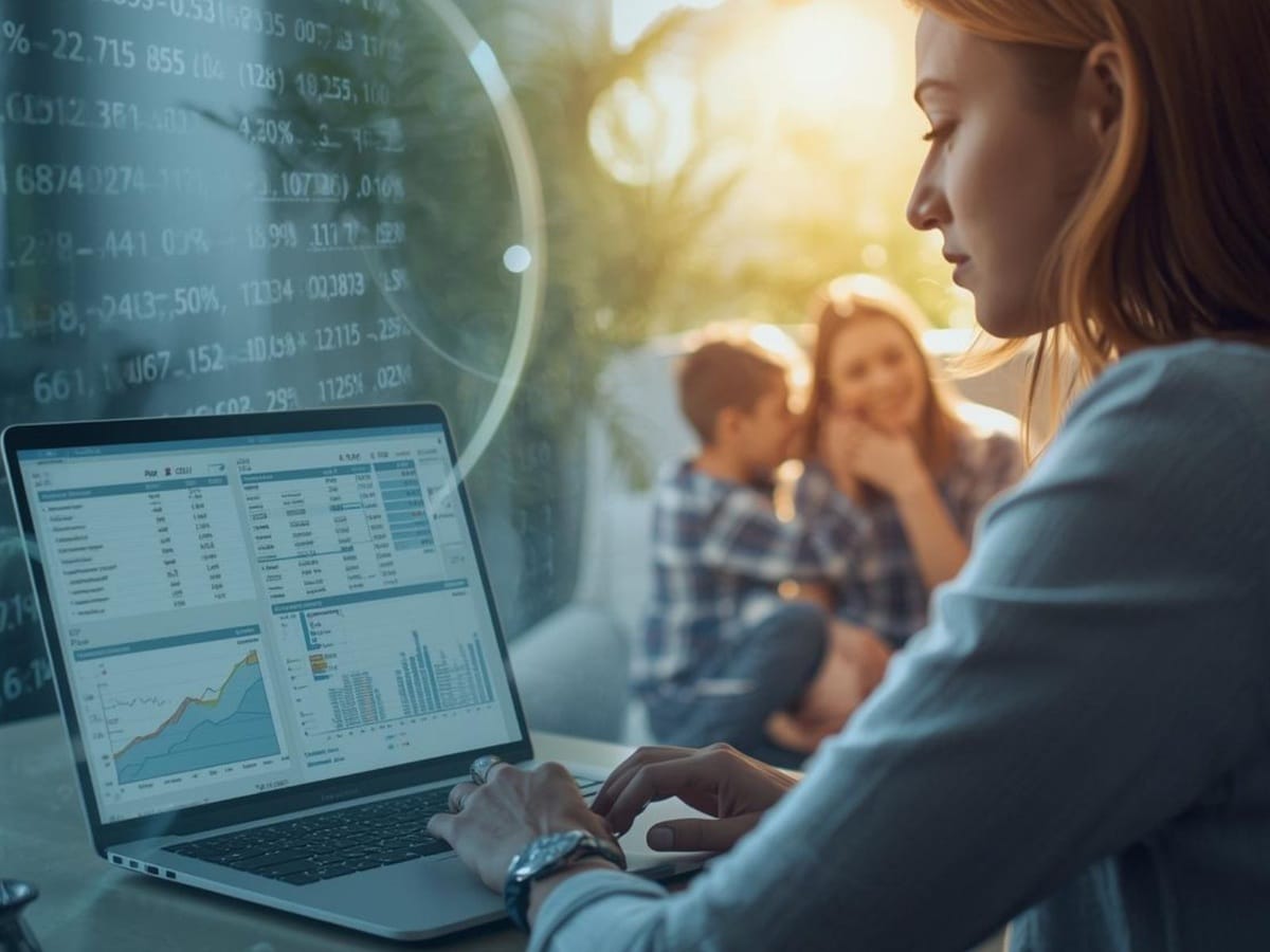 Kobieta siedząca przed laptopem z tabelami i wykresami; przed nią unoszą się półprzezroczyste liczby, a w tle widać kobietę z dzieckiem, obydwoje ubrani w koszule o tym samym wzorze.