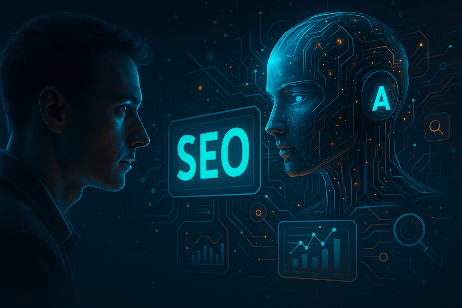 Ilustración futurista de inteligencia artificial aplicada al SEO.