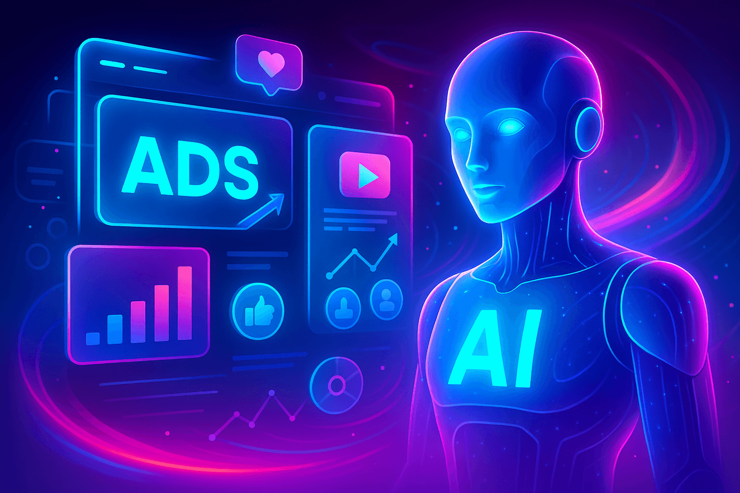 Representación futurista de inteligencia artificial aplicada a publicidad digital.