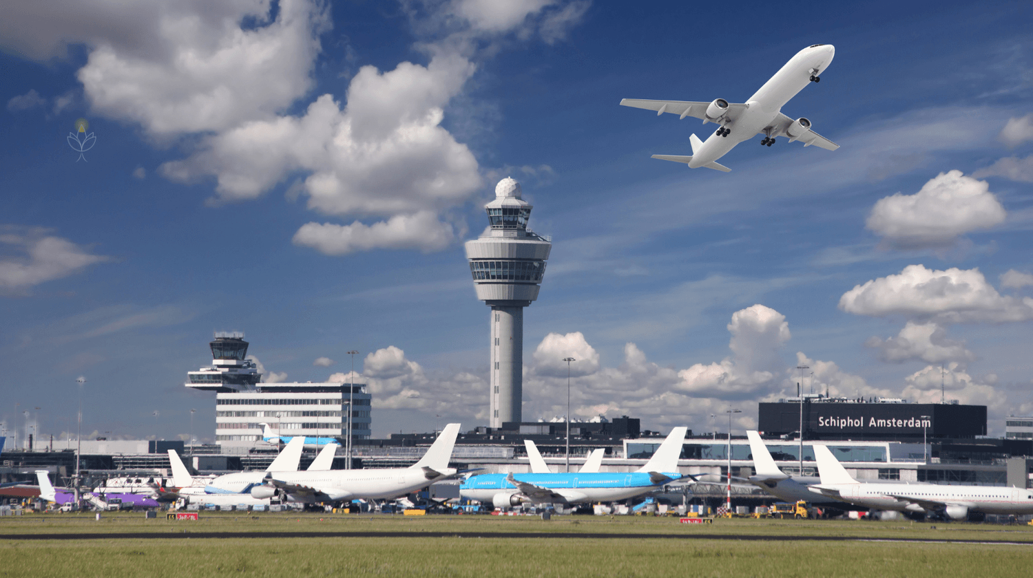 Planes at Schiphol Airport – flights and travel tips for relocation and moving abroad safely. Health and Insurance (insurance policy with stethoscope)