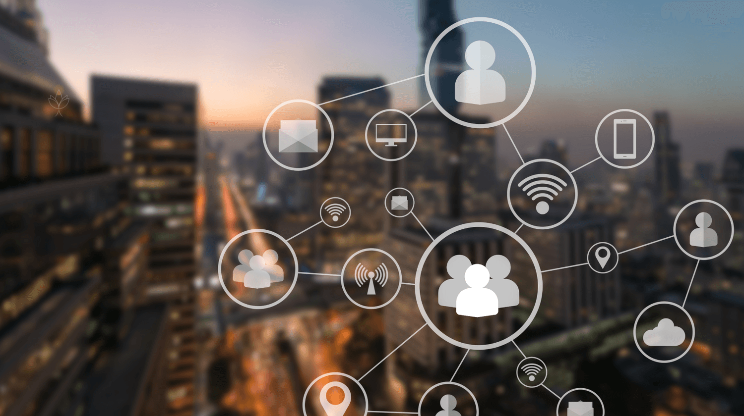 ity skyline with digital network icons – importance of staying connected abroad with Wi-Fi, eSIM, and mobile data when relocating.