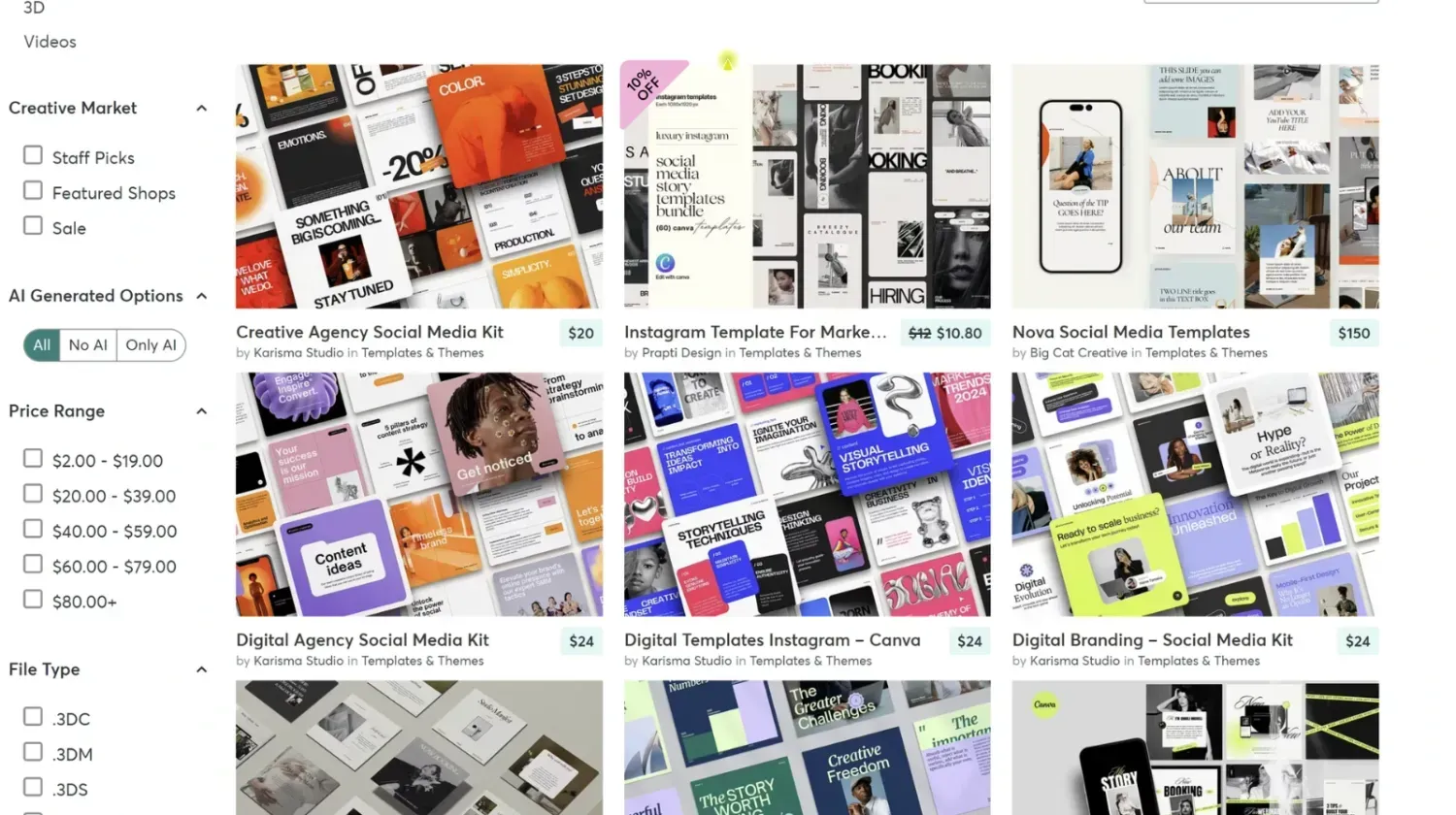 Creative Market social media templates – Instagram post kits, branding bundles, and marketing resources.