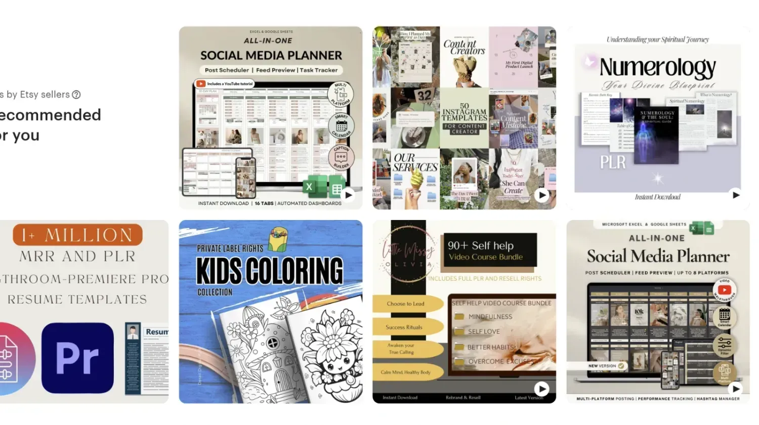 Best-selling Etsy digital products including social media planners, Instagram templates, and spiritual eBooks.