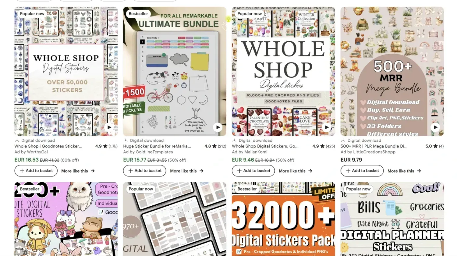 Digital sticker bundles for GoodNotes and planners – thousands of aesthetic stickers for journaling and note-taking.