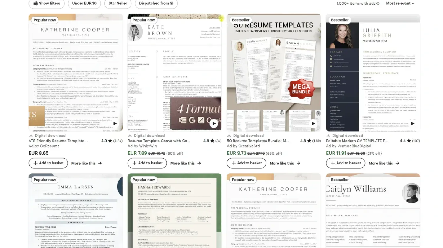 Editable resume templates on Etsy – modern CV designs for professionals, instant digital download.