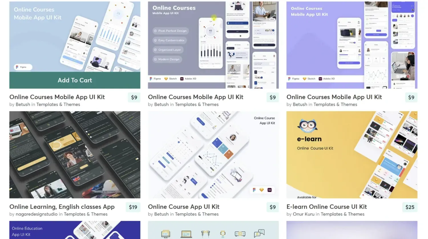 Online course UI kits and mobile app templates for Figma and Adobe XD – digital learning design resources.
