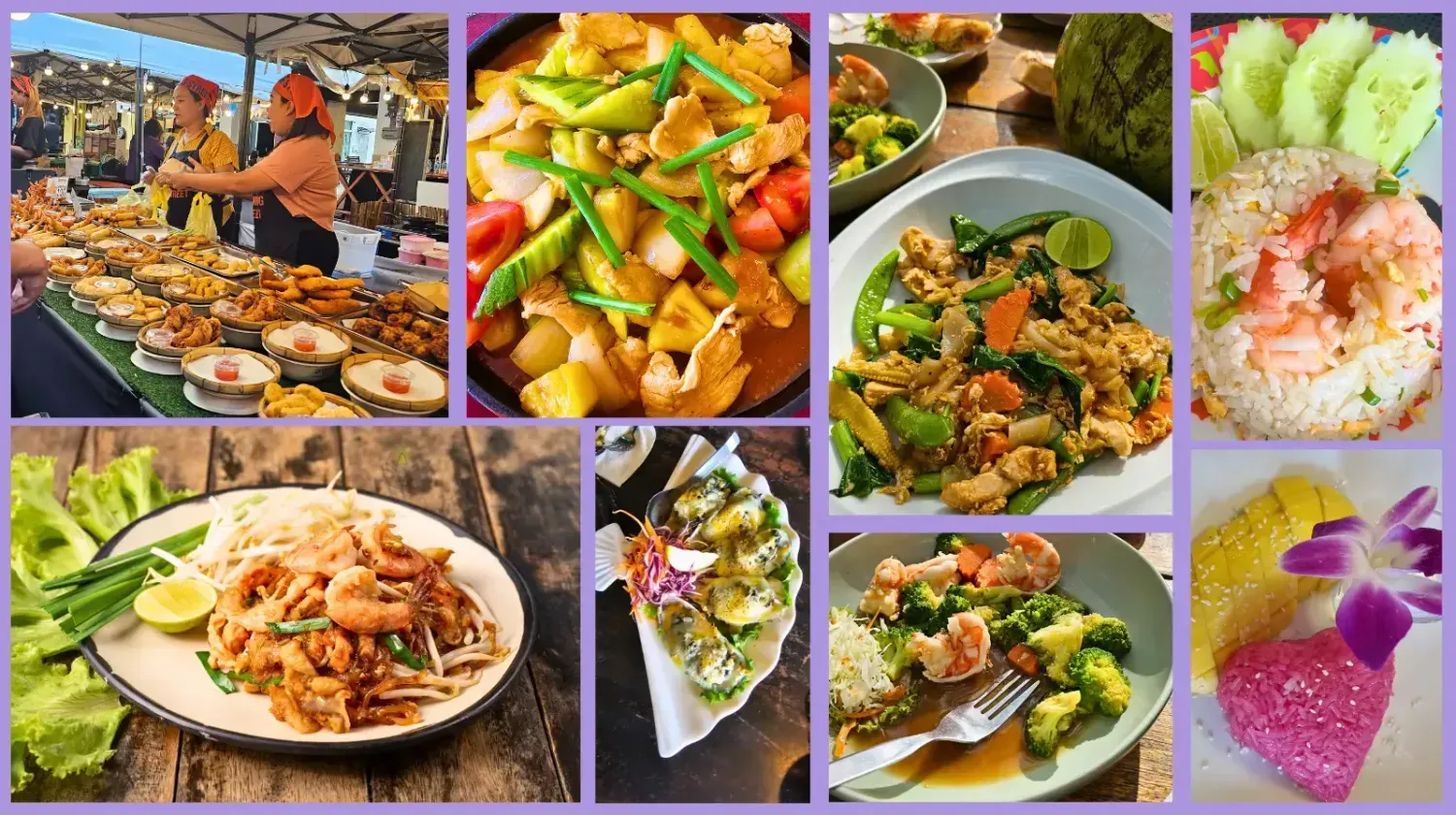 Thai street food and traditional dishes like pad thai, green curry, and mango sticky rice on display.