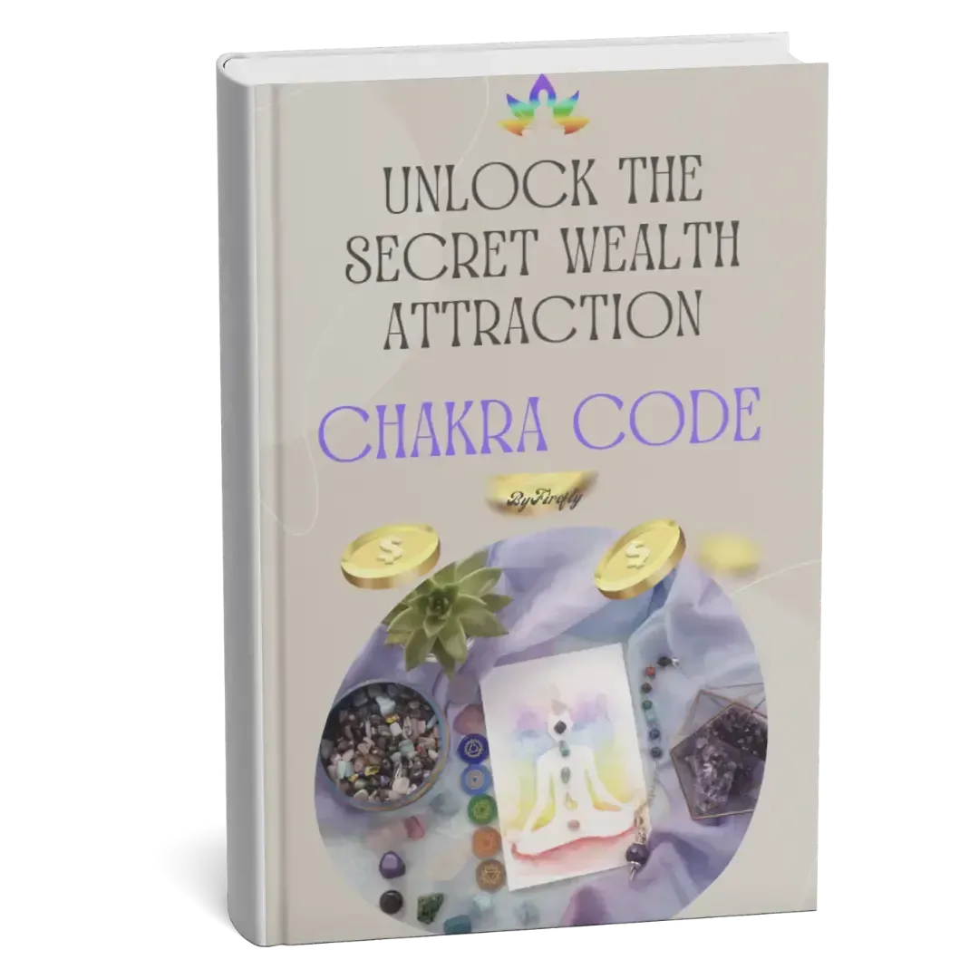 Unlock the Secret Wealth Attraction – Chakra Code book cover with chakra illustration, crystals and golden coins, By Firefly