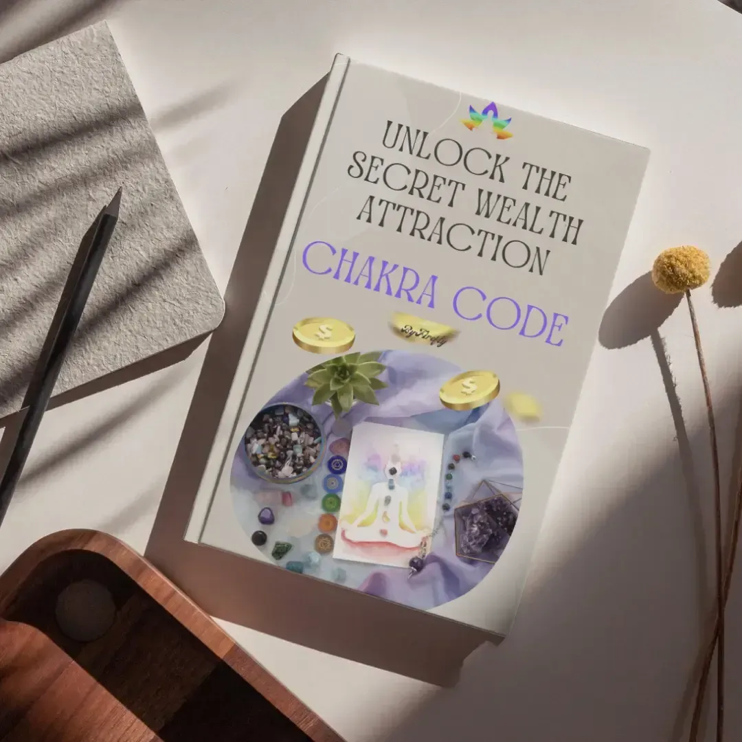 Chakra Code ebook mockup on a desk with notebook and pencil, spiritual abundance guide, By Firefly