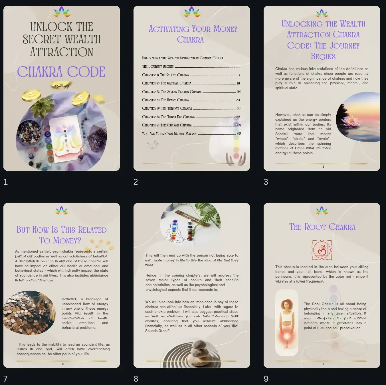 Preview pages from Chakra Code ebook showing table of contents, chakra explanations and wealth attraction practices