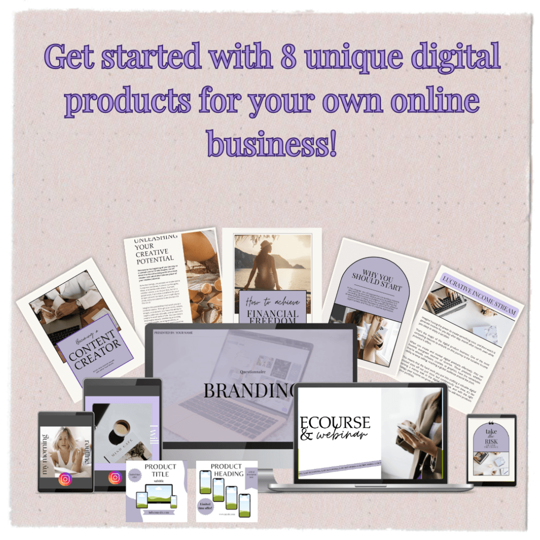 Digital Starter Pack – 8 ready-to-use digital products to start your own online business, including branding templates, course guides, and content creator tools in soft lavender tones.”