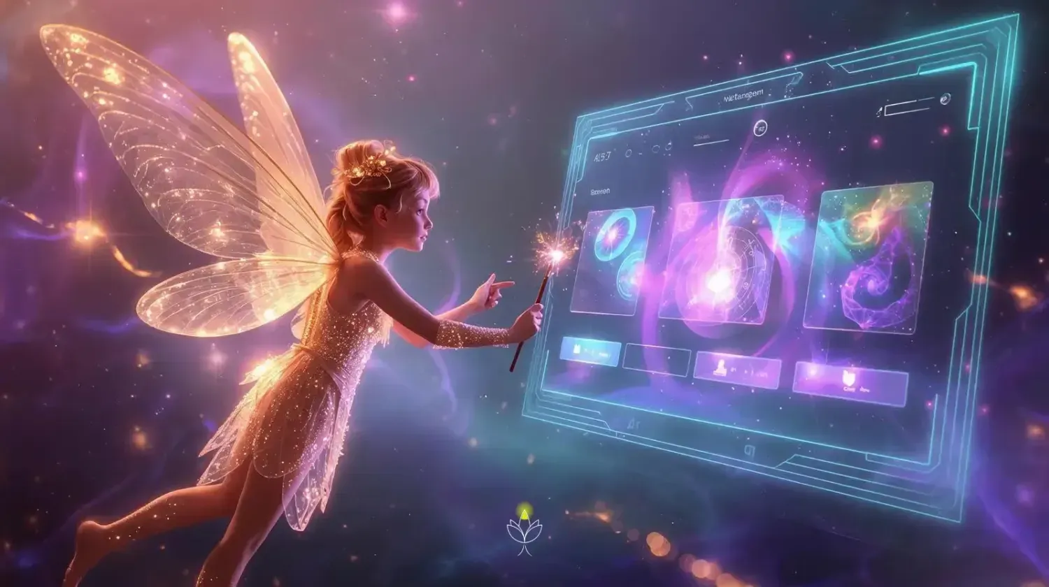 Magical fairy with sparkling wings creating her own futuristic website using a wand, glowing with creativity and empowerment.