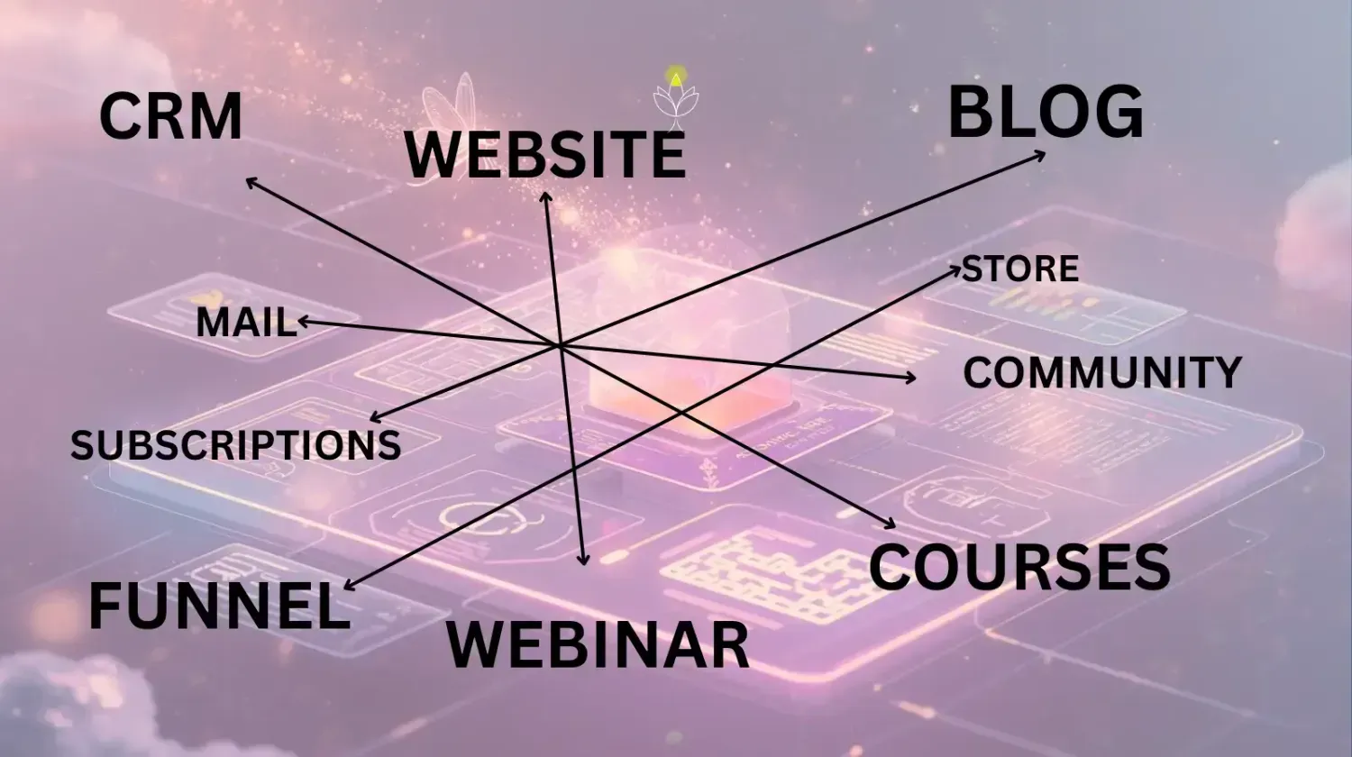 Digital dashboard showing interconnected tools like website, funnel, blog, and CRM — illustrating the power of all-in-one business platforms.