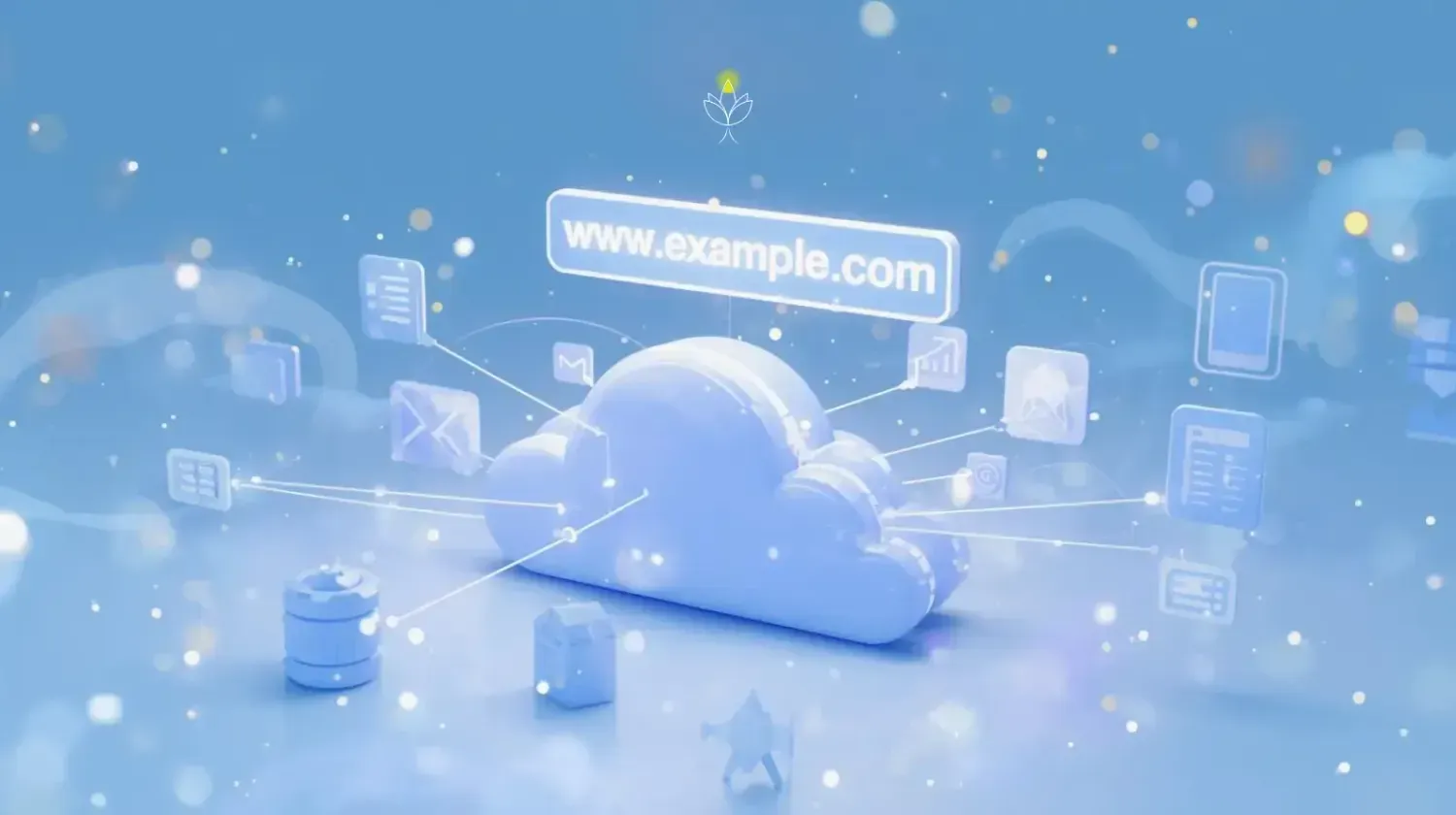 Illustration of a digital cloud connected to a domain name and website icons, representing how hosting and domains work together online.