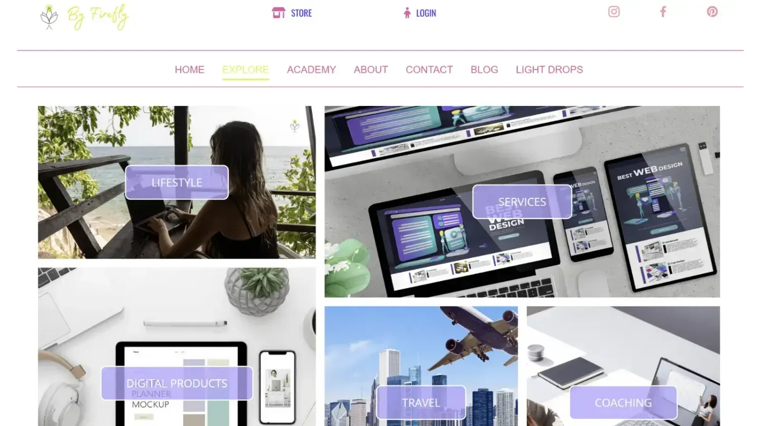 Screenshot of the By Firefly website showing lifestyle, digital products, travel and coaching categories — an example of a real personal brand site.