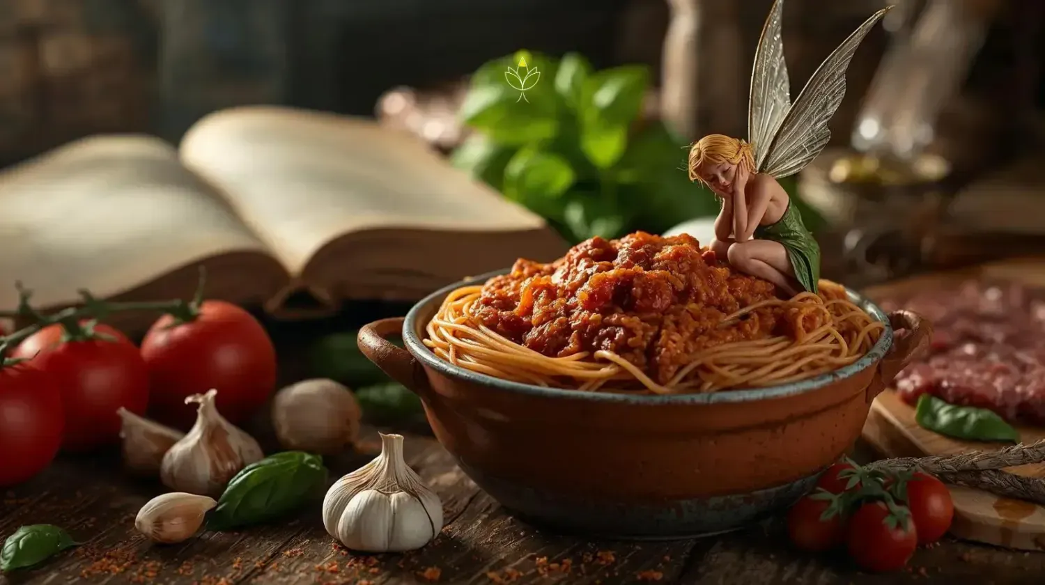 Tiny fairy sitting on a bowl of spaghetti bolognese surrounded by ingredients and an open recipe book — a metaphor for starting to build your first website.