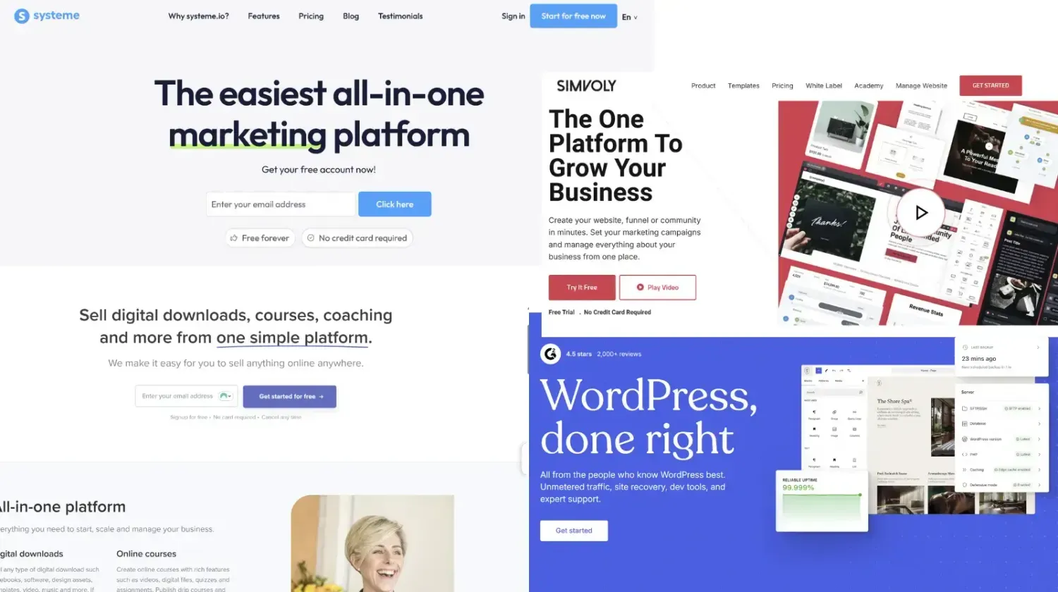 Comparison collage of Systeme.io, Simvoly and WordPress homepages — illustrating different website platforms to choose from.