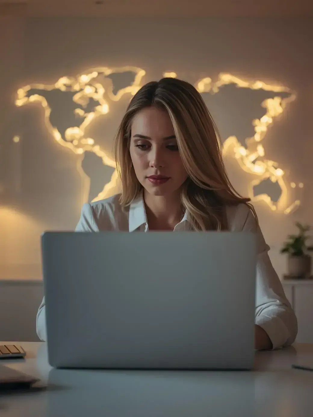 Confident woman entrepreneur working on laptop with world map background, bright minimal home office, warm light, professional atmosphere.