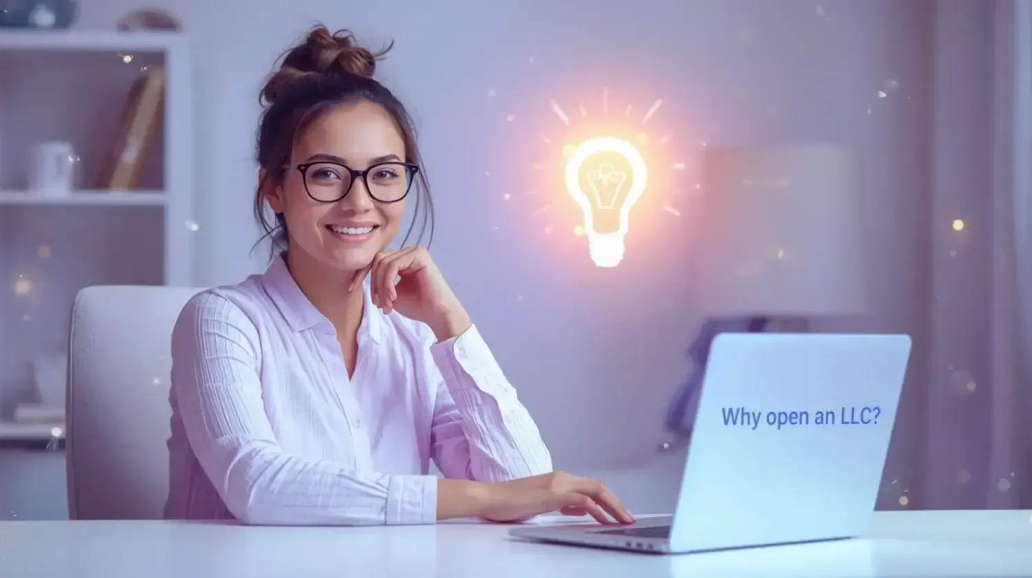 Smiling entrepreneur with glowing light bulb above laptop showing “Why open an LLC?”, symbolizing new business ideas and inspiration — Firefly brand style.