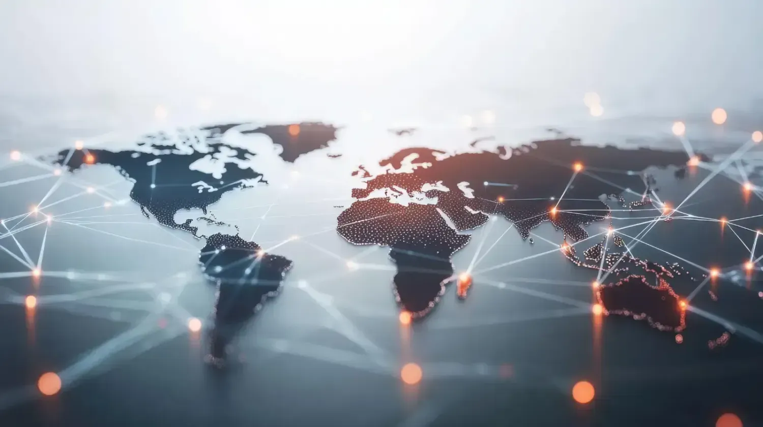 Modern digital world map with light connections, symbolizing international business setup and LLC formation options worldwide.