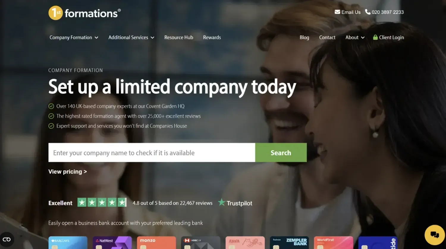 First Formations UK website homepage showing “Set up a limited company today” — trusted platform for opening a UK LLC quickly and easily.