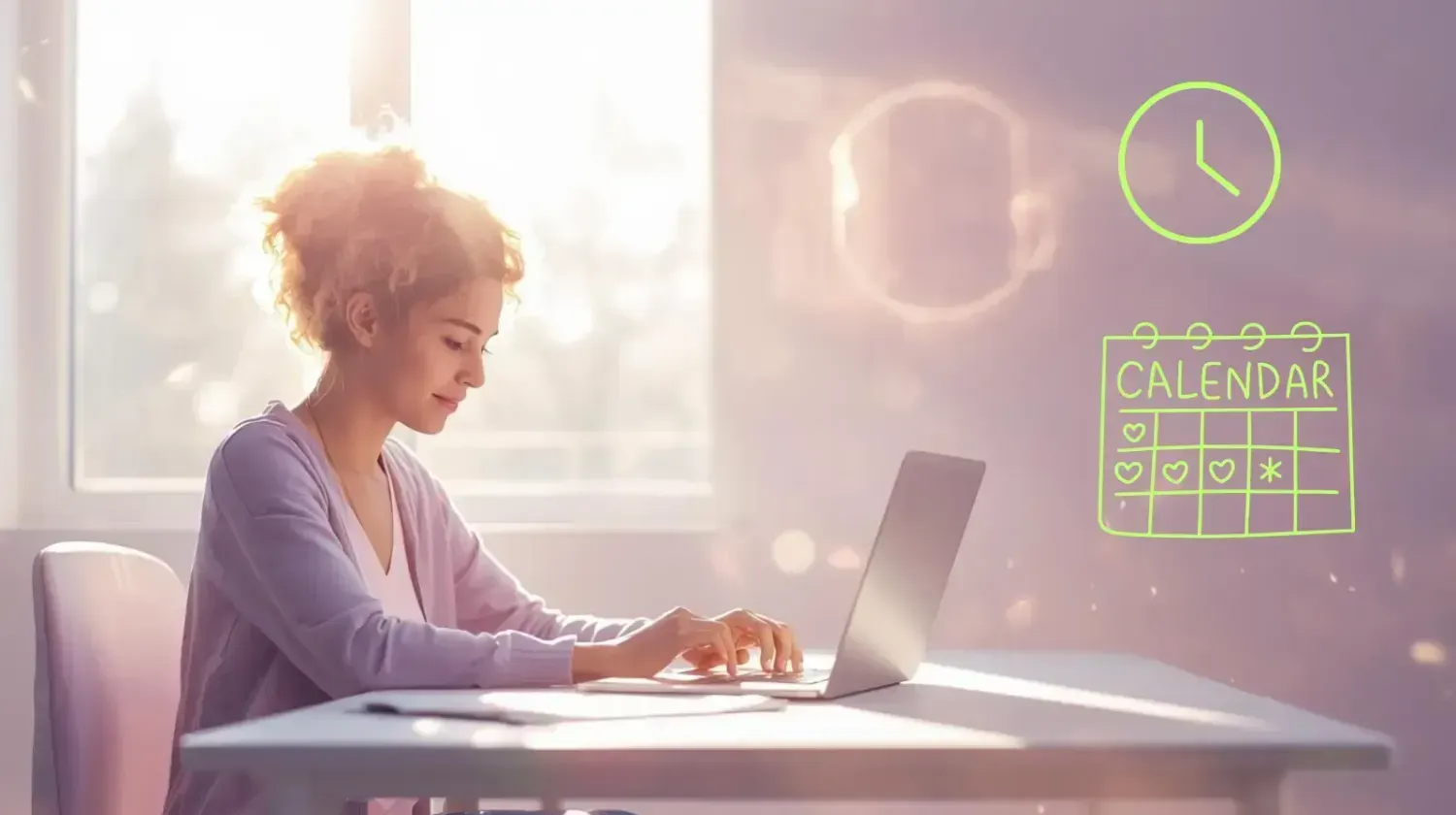Woman sitting at bright desk with sunlight and calendar icons, symbolizing perfect timing and planning for starting an LLC — inspirational Firefly tone.