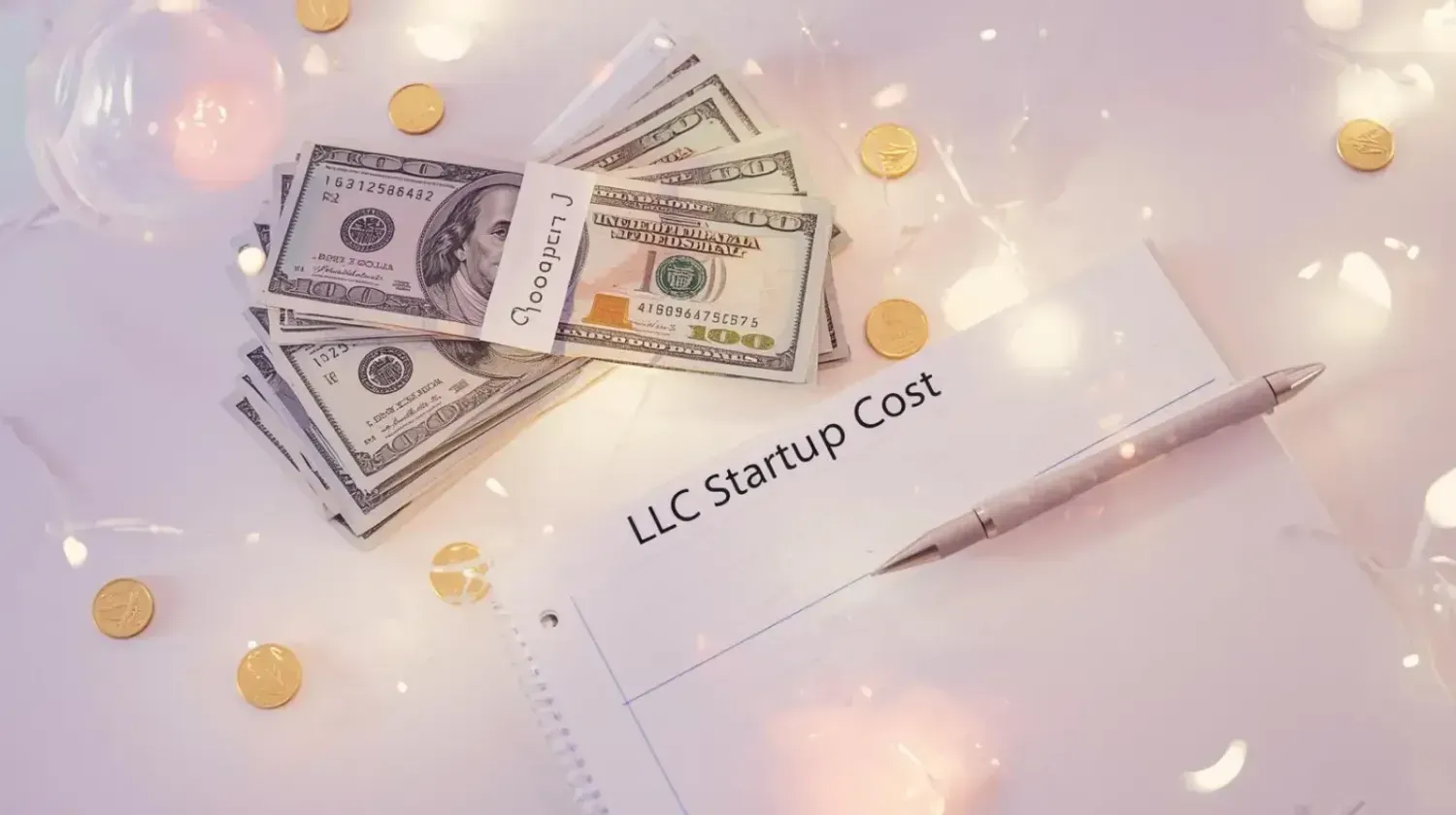 Flat lay of dollar bills, gold coins, and notebook labeled “LLC Startup Cost,” symbolizing business expenses and startup budgeting — Firefly aesthetic.