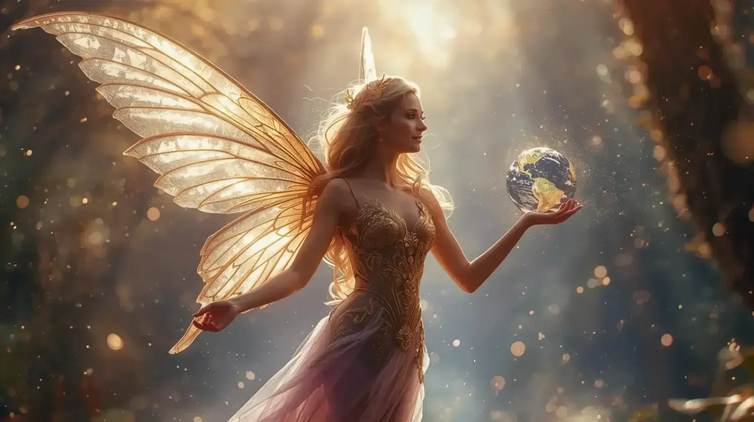 Magical golden fairy with glowing wings holding the Earth in her hand, symbolizing empowerment, creativity, and global freedom — Firefly brand finale image.
