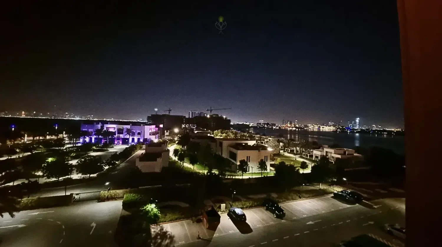 Night view over Dubai residential area near the sea — modern villas and apartments illuminated under city lights.