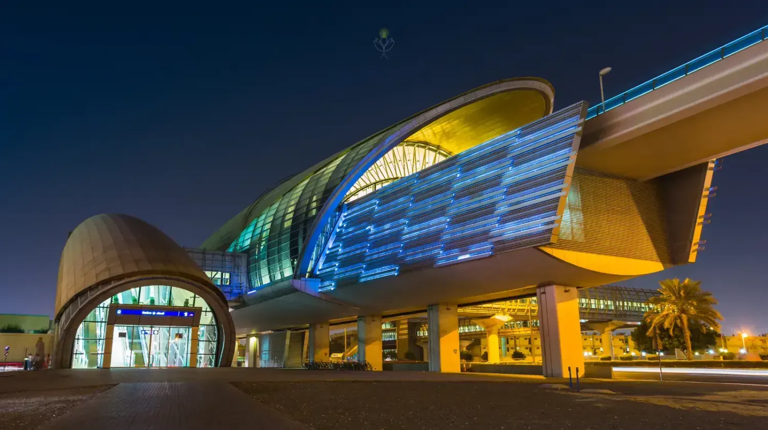 Modern Dubai Metro station illuminated at night — symbol of the city’s clean, efficient, and futuristic infrastructure.