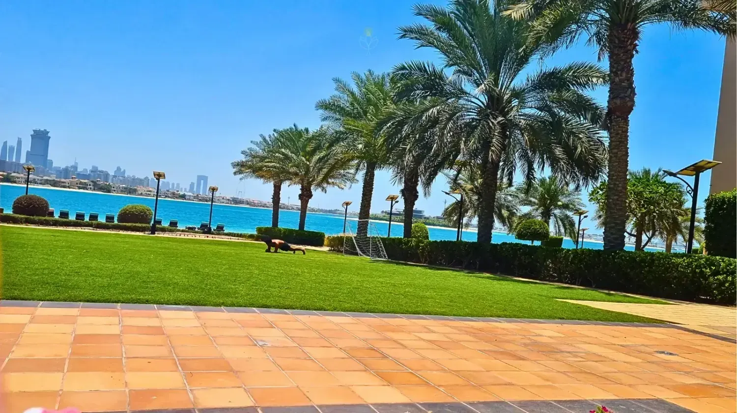 Palm trees, green lawn, and sea view in Dubai with the city skyline in the distance — peaceful balance between nature and modern luxury.