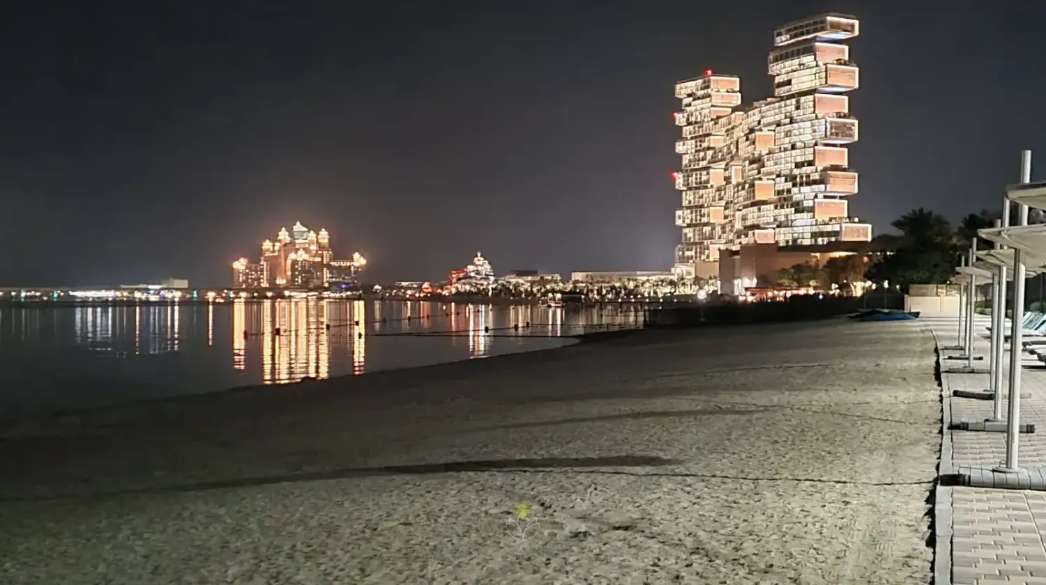 Night view of Dubai’s Palm Jumeirah with Atlantis The Royal and Atlantis The Palm – symbolizing luxury, investment opportunities, and foreign business ownership in the UAE.