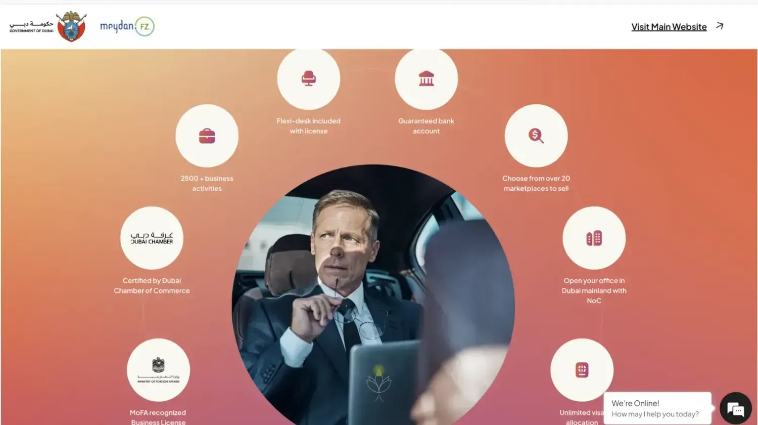 Official Meydan Free Zone website interface showing business setup benefits – illustrating advantages of forming an LLC in the UAE.