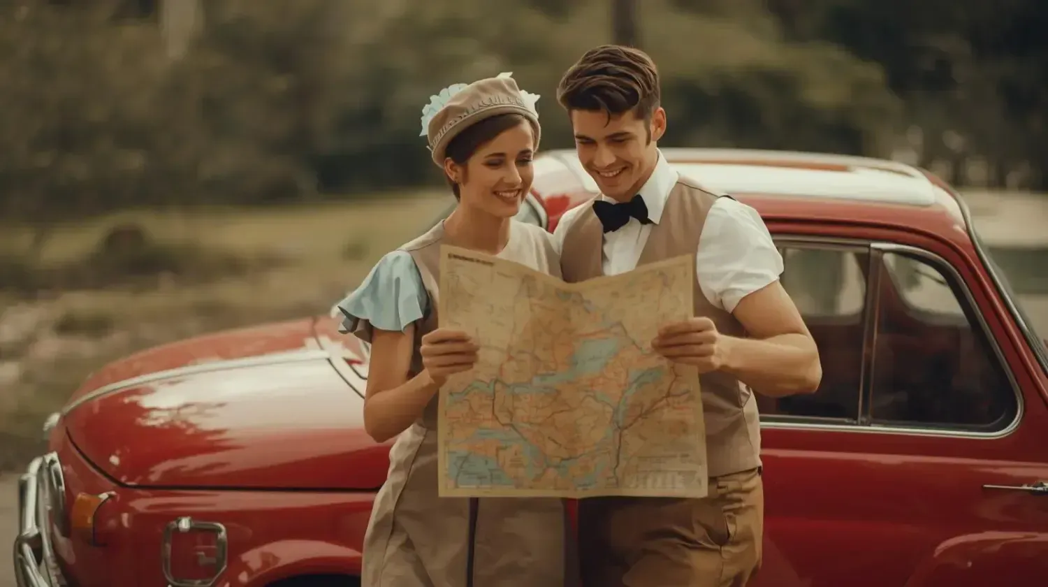 Young couple in 1960s outfits standing next to a red vintage Fiat 600, holding a paper map and smiling while looking for directions – a nostalgic reminder of how travel used to be before smartphones.