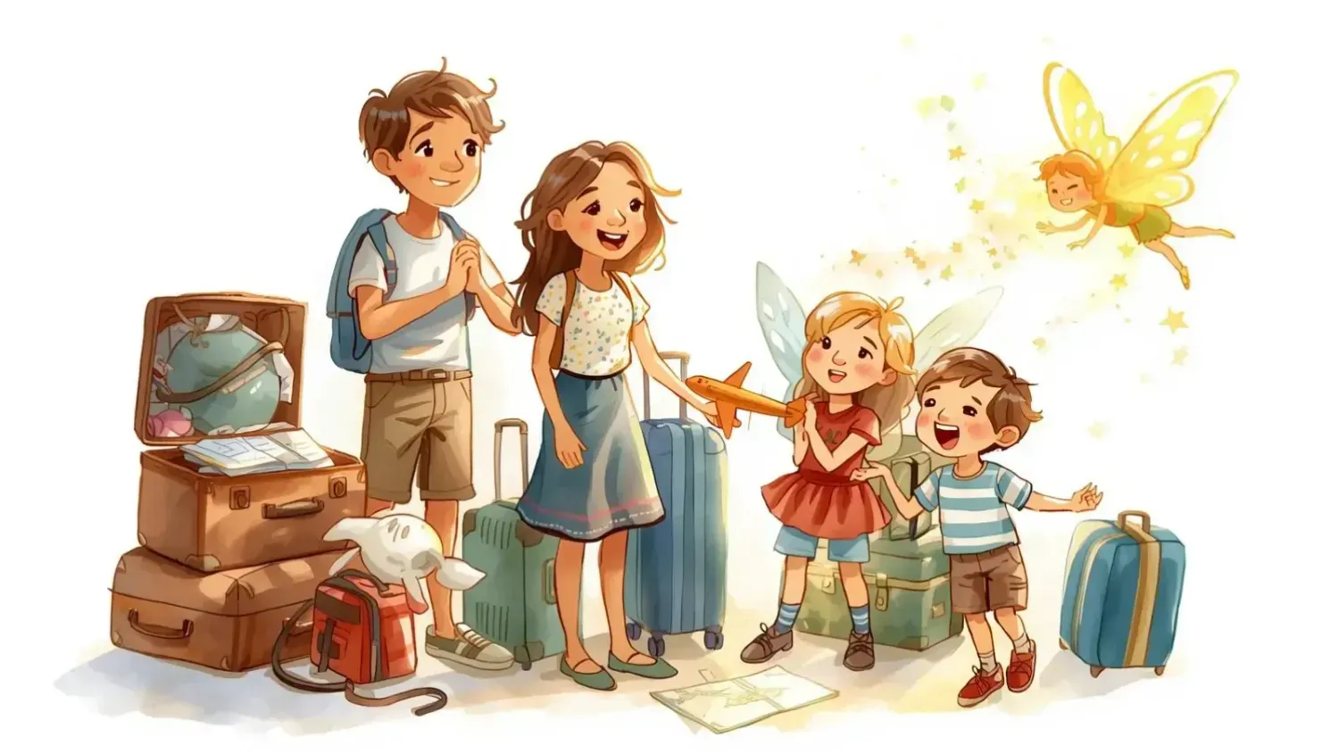 Illustration of parents overpacking while carefree kids walk happily, guided by the glowing fairy Firefly, family travel art.
