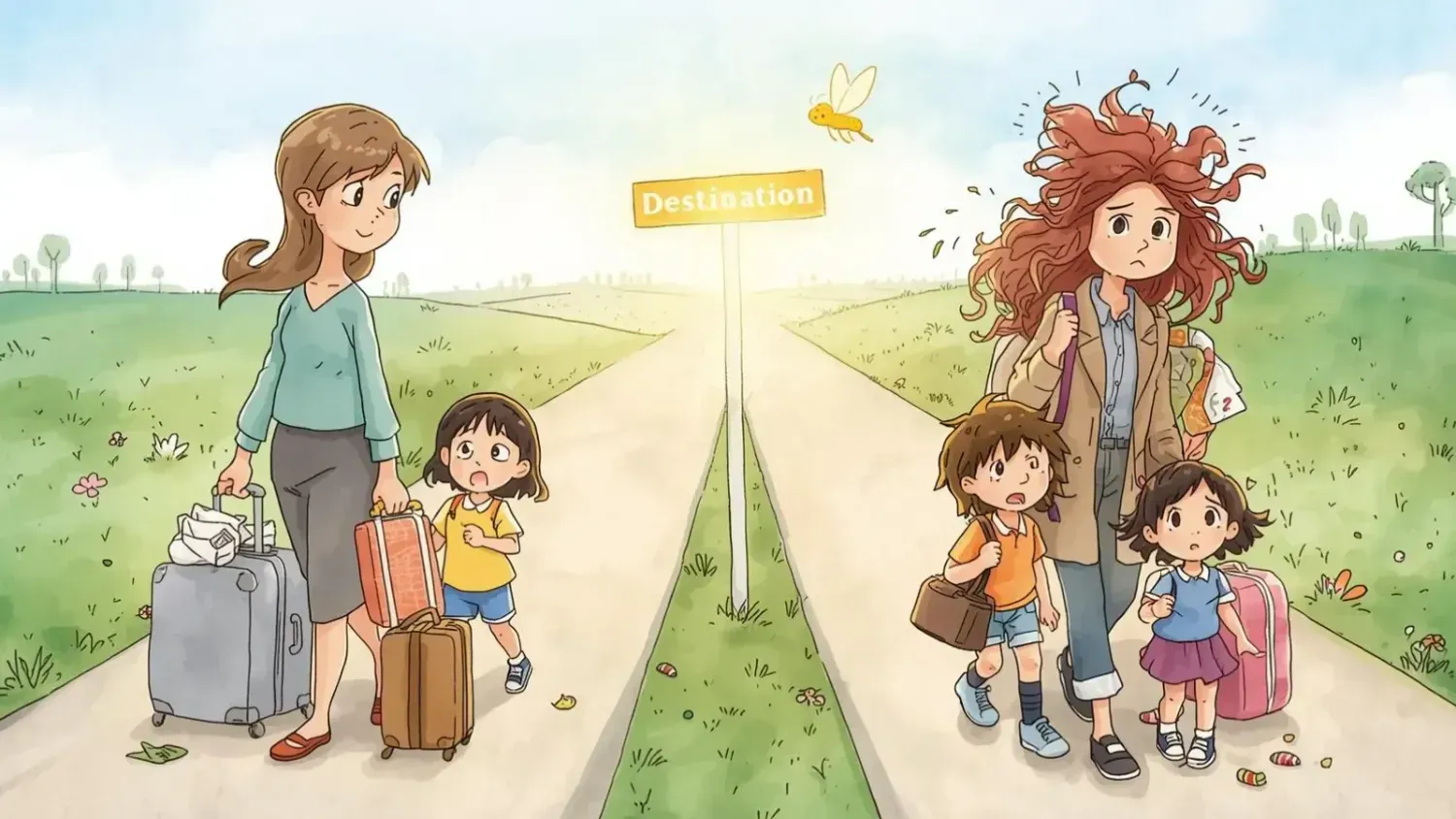 Two moms traveling with kids — one calm and organized, the other stressed and messy — both heading toward the same destination.
