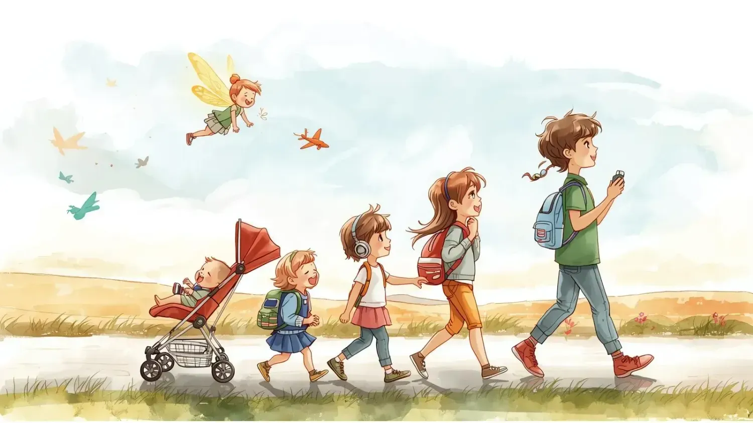 Five children of different ages traveling together, guided by Firefly the glowing fairy, showing that all ages can explore the world.