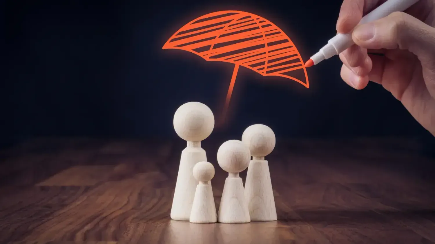 Illustration of family travel insurance concept — wooden figures of parents and children under a glowing umbrella, symbolizing protection.