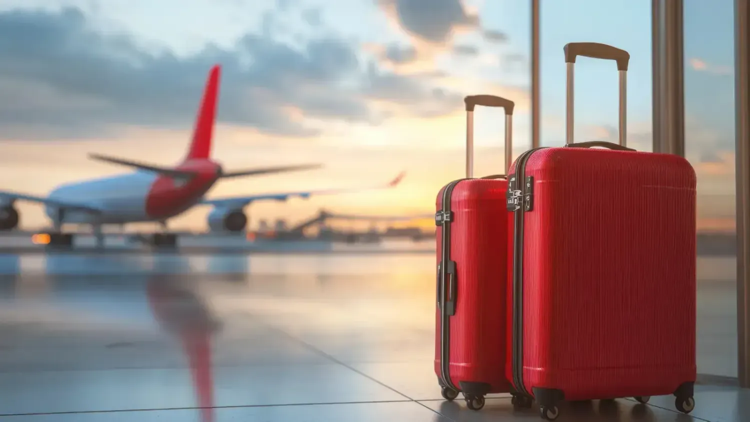 Two red suitcases at the airport terminal with airplane in background, symbolizing Radical Storage luggage service for travelers with kids.