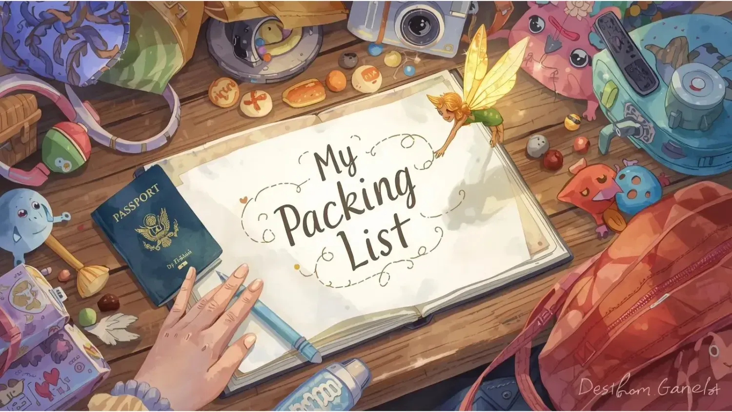 Illustration of an open travel packing list with passport, camera, toys, and a glowing fairy named Firefly helping prepare for a family trip.