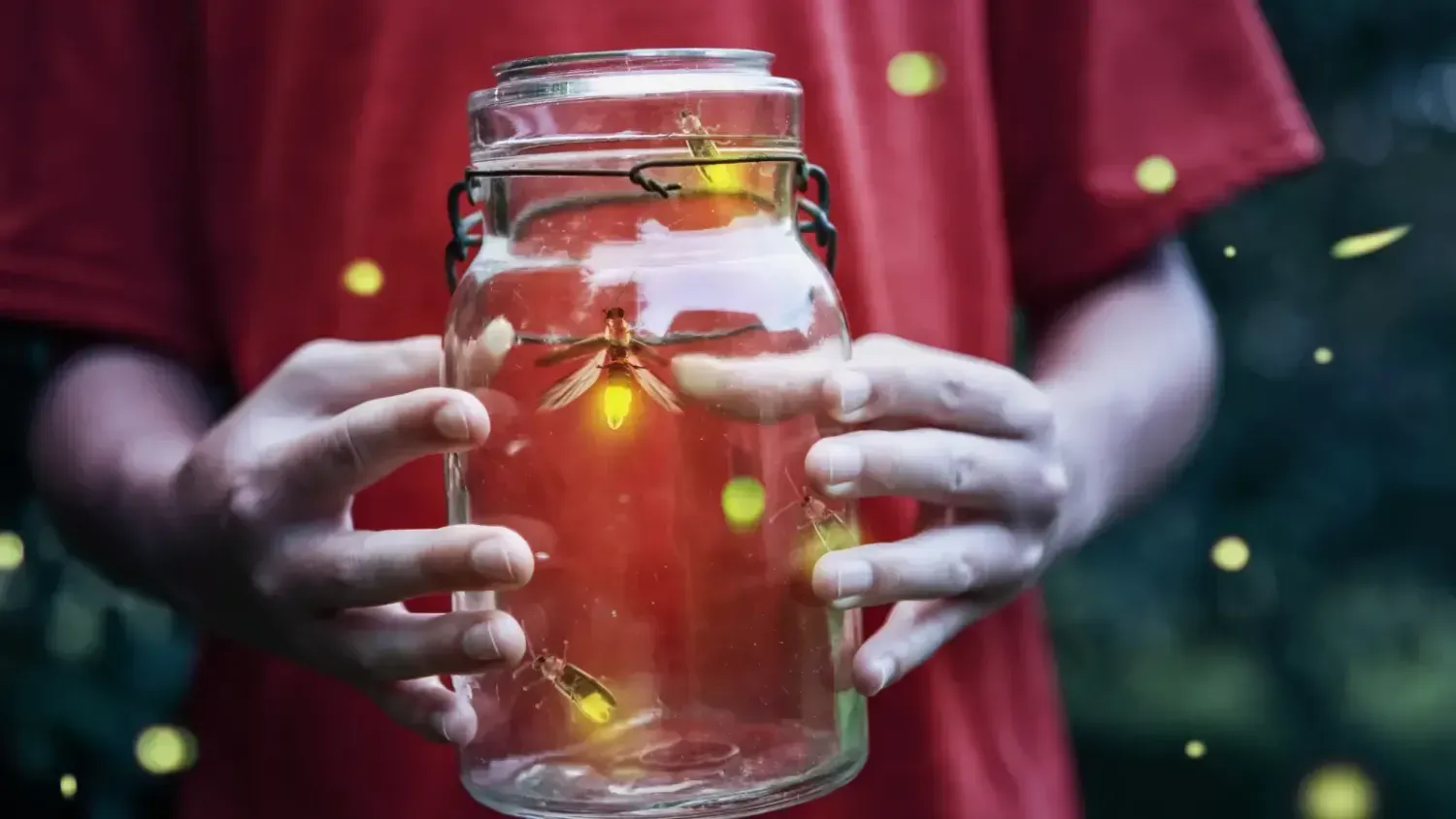 Close-up of hands holding a jar filled with glowing fireflies, symbolizing the magic and inspiration behind the Firefly travel philosophy.