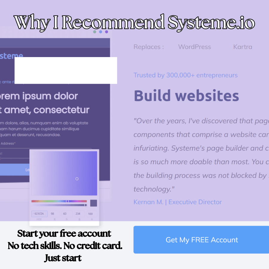 Systeme.io recommendation banner showing a website builder interface with the text “Why I Recommend Systeme.io – Start your free account. No tech skills. No credit card. Just start.”
