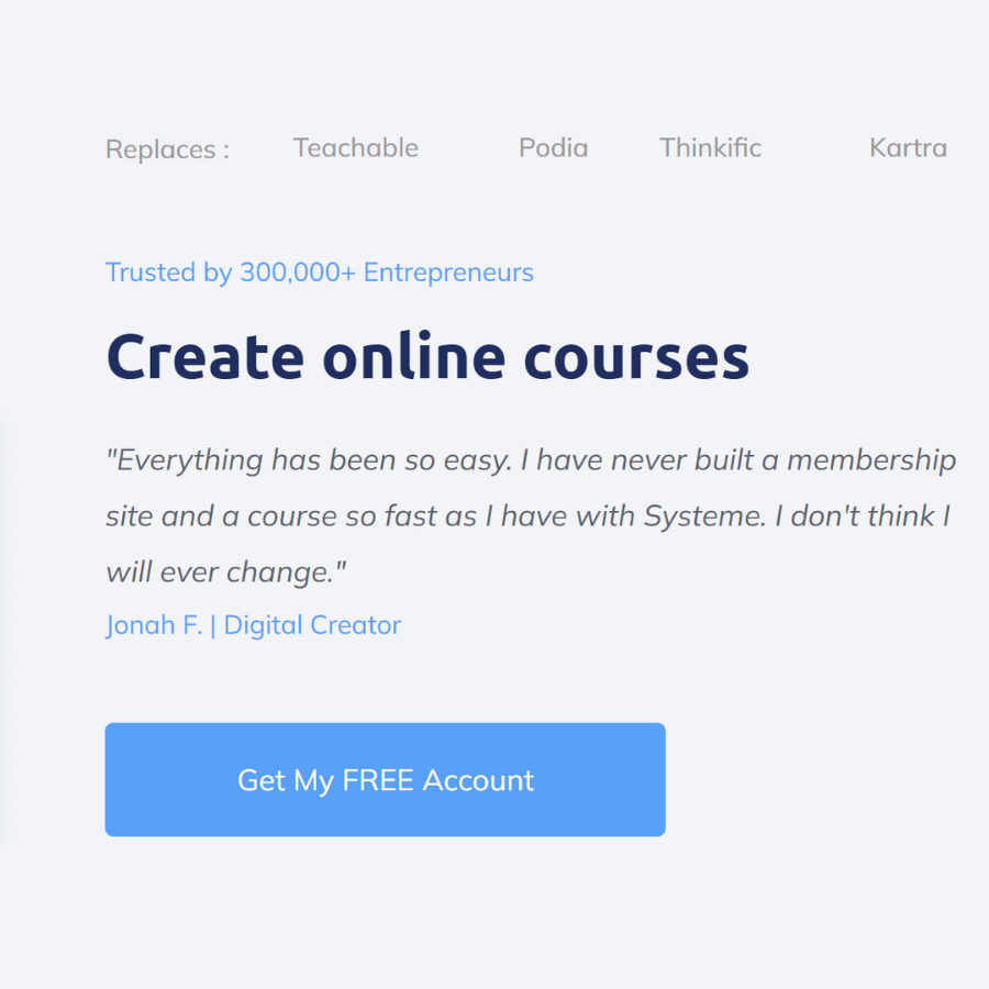 Systeme.io banner showing a laptop and creator workspace promoting how to create online courses easily, with a free account button and testimonial.