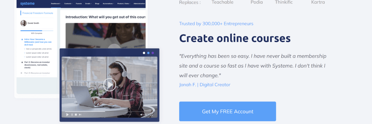 Systeme.io banner showing a laptop and creator workspace promoting how to create online courses easily, with a free account button and testimonial.