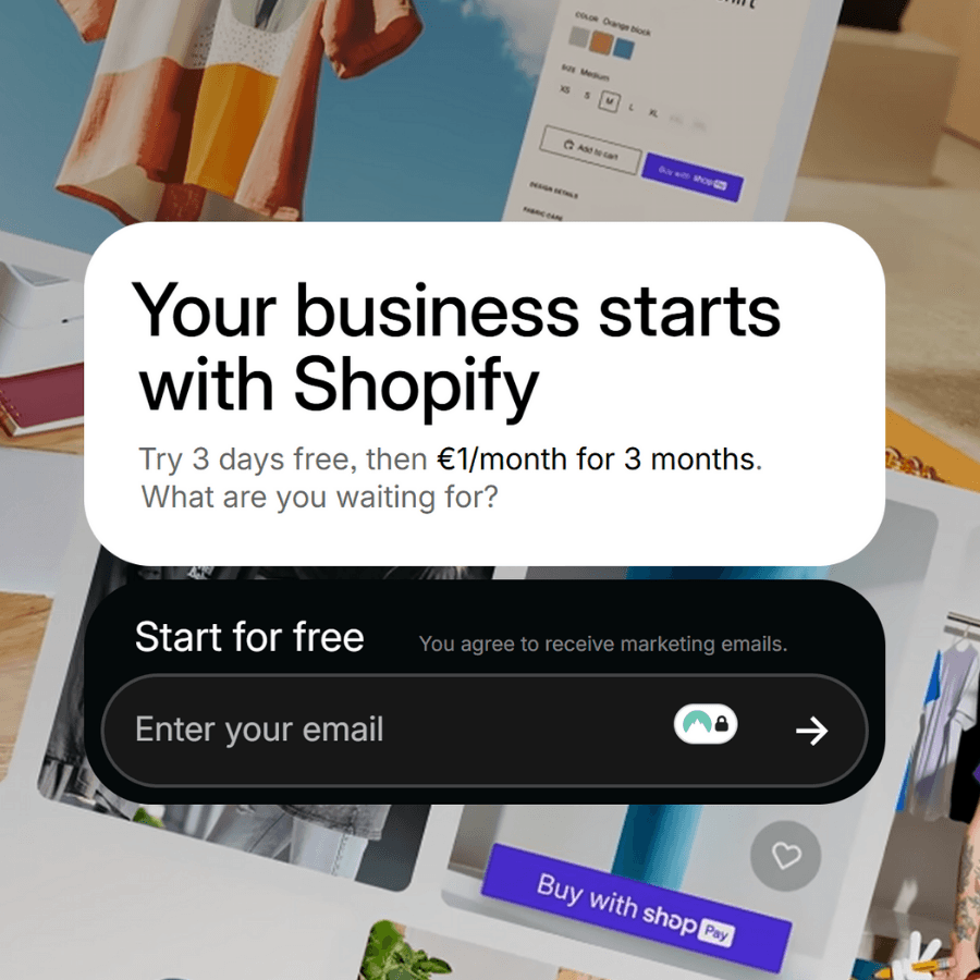 Shopify banner promoting free trial offer for starting an online store — “Your business starts with Shopify.”