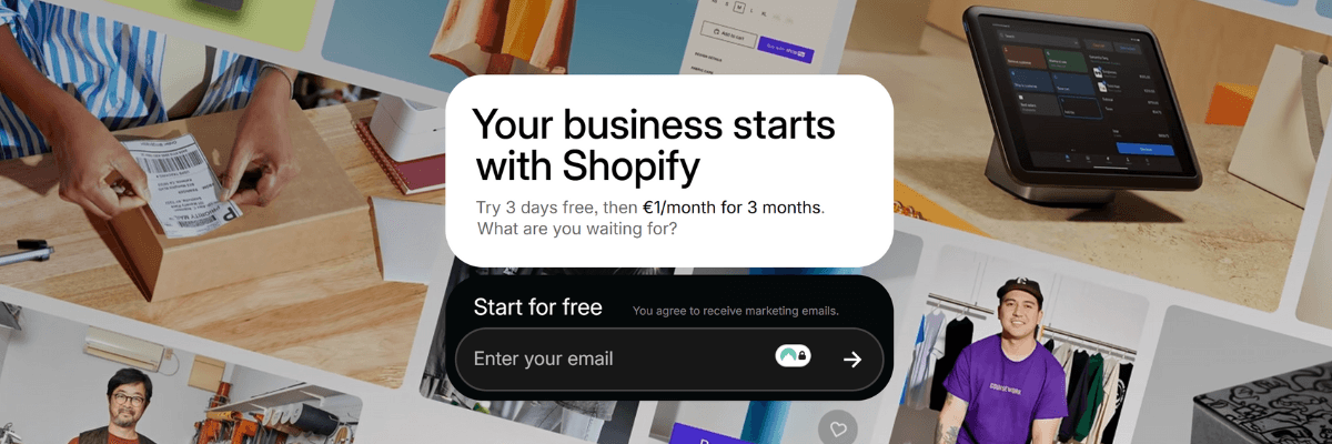 Shopify banner promoting free trial offer for starting an online store — “Your business starts with Shopify.”