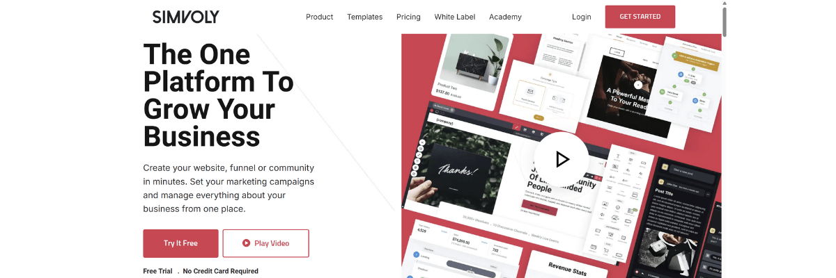 Simvoly banner reading “The one platform to grow your business” — all-in-one tool for websites, funnels and communities.