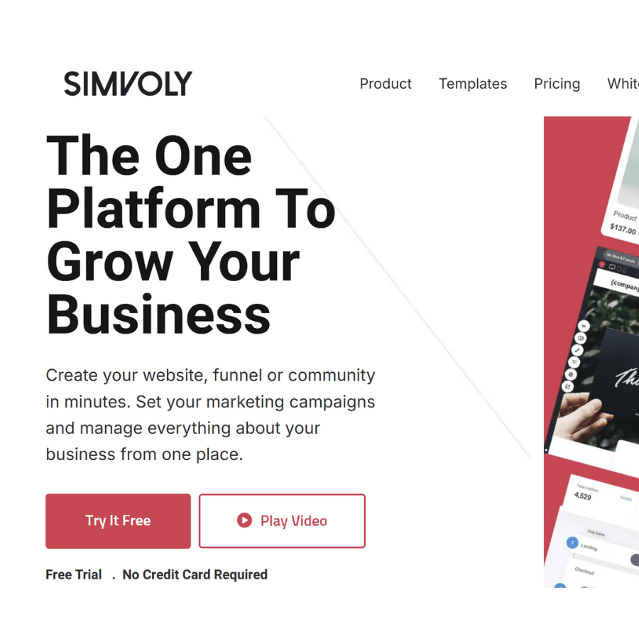 Simvoly banner reading “The one platform to grow your business” — all-in-one tool for websites, funnels and communities.