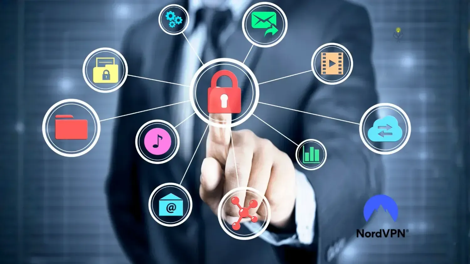 Businessman in a suit pressing a glowing lock icon surrounded by colorful icons for email, files, music and data. NordVPN logo highlights digital security and privacy protection for safe online travel.